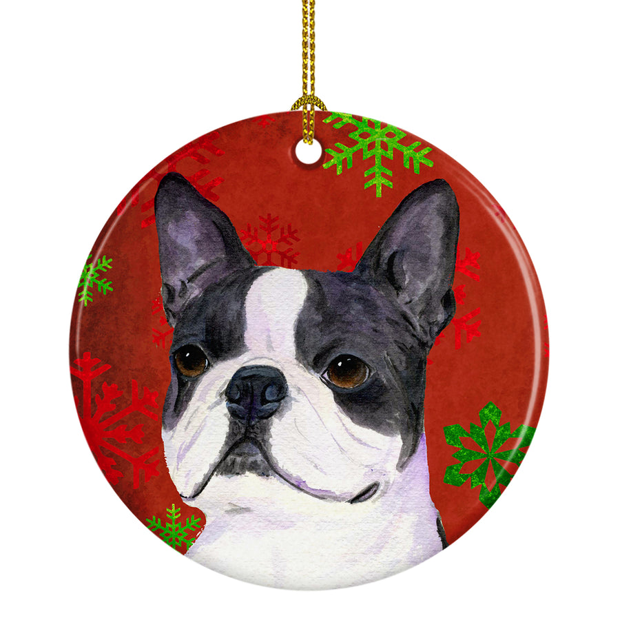 Boston Terrier Red Snowflakes Holiday Christmas Ceramic Ornament SS4723 Image 1