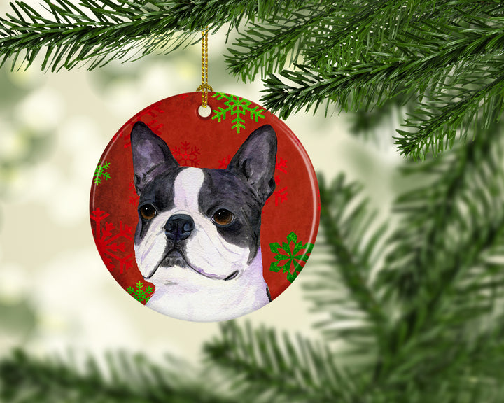 Boston Terrier Red Snowflakes Holiday Christmas Ceramic Ornament SS4723 Image 2