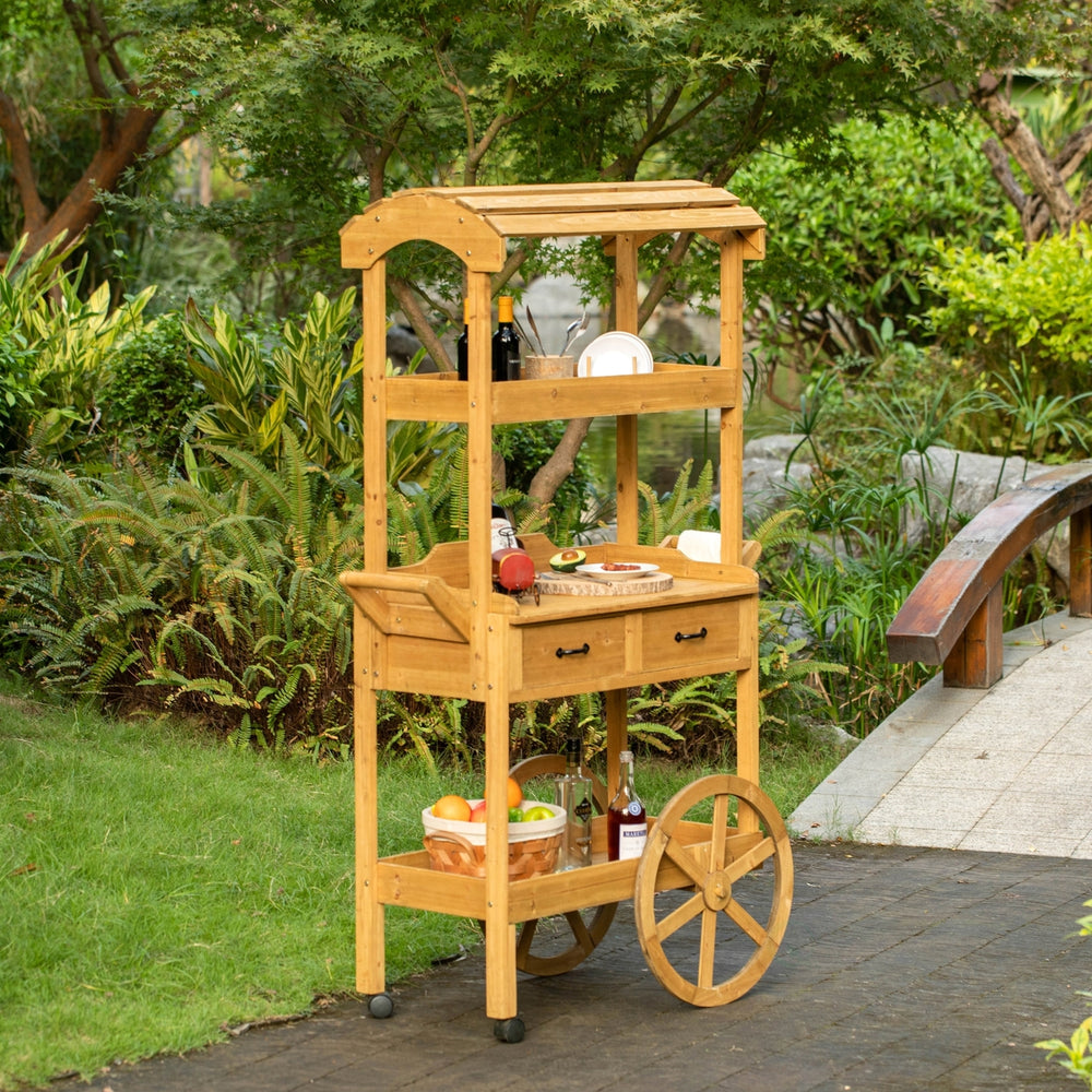 Large Wooden Display Rolling Table with Drawers and Wheels 3 Tier with Shelves for Food and More Image 2