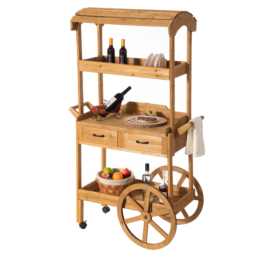 Large Wooden Display Rolling Table with Drawers and Wheels 3 Tier with Shelves for Food and More Image 1