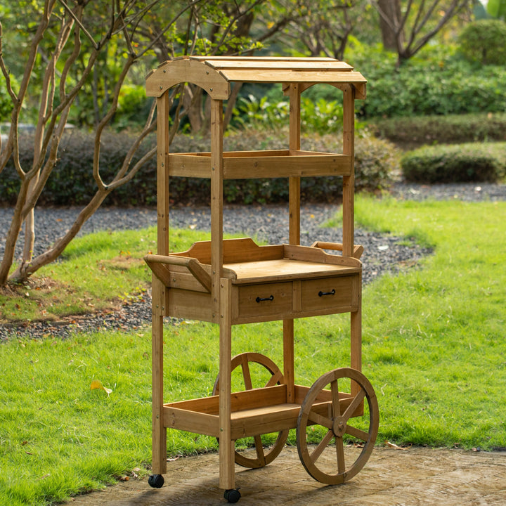 Large Wooden Display Rolling Table with Drawers and Wheels 3 Tier with Shelves for Food and More Image 3