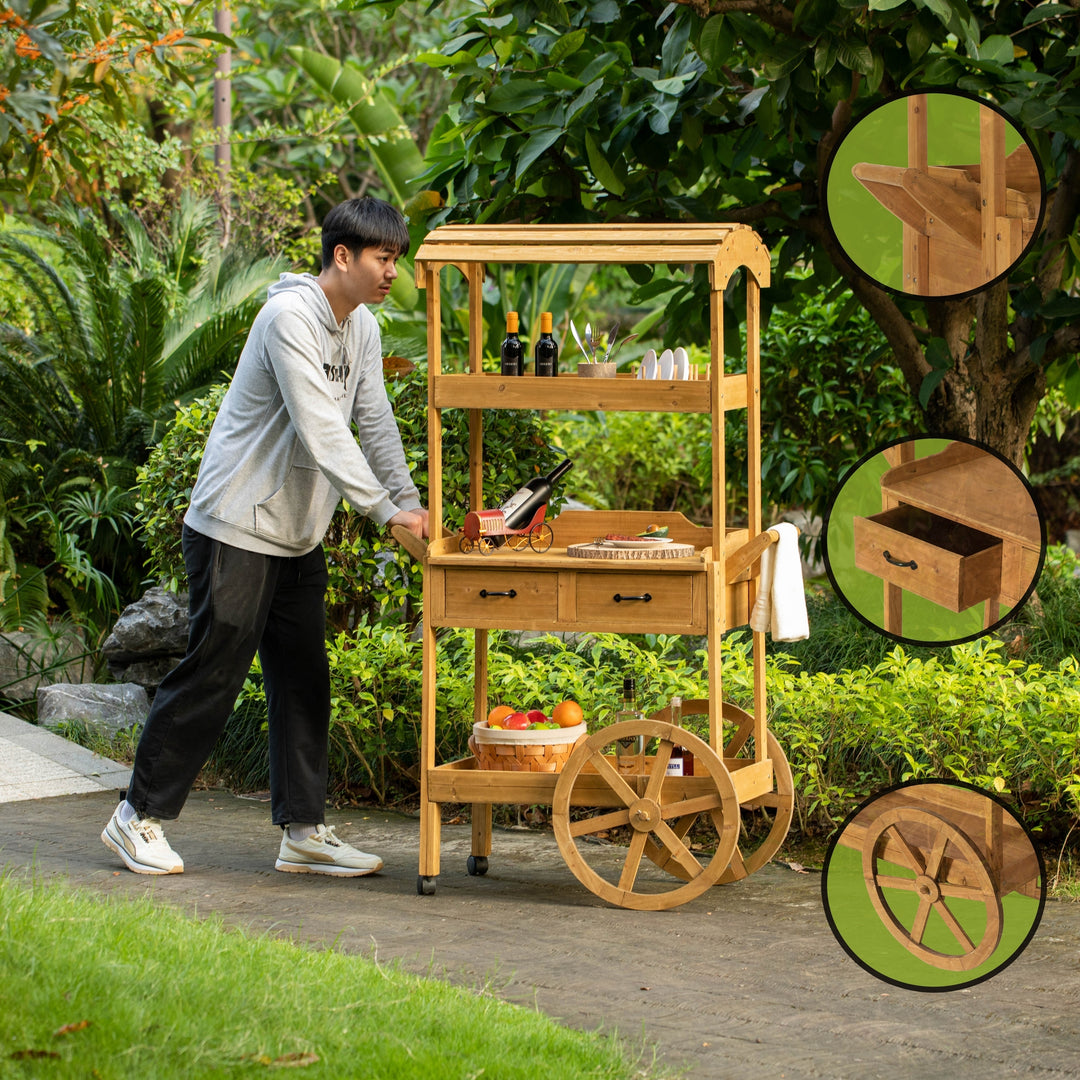 Large Wooden Display Rolling Table with Drawers and Wheels 3 Tier with Shelves for Food and More Image 5