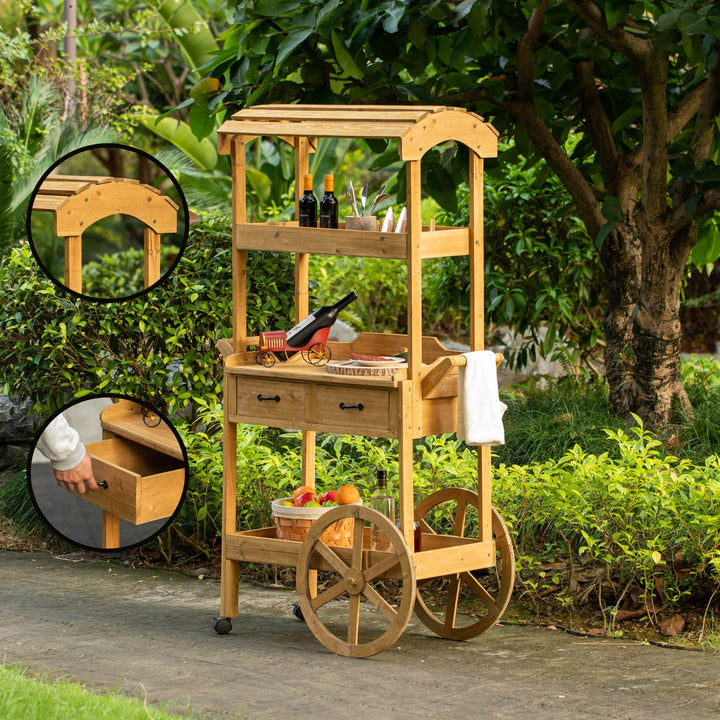 Large Wooden Display Rolling Table with Drawers and Wheels 3 Tier with Shelves for Food and More Image 6