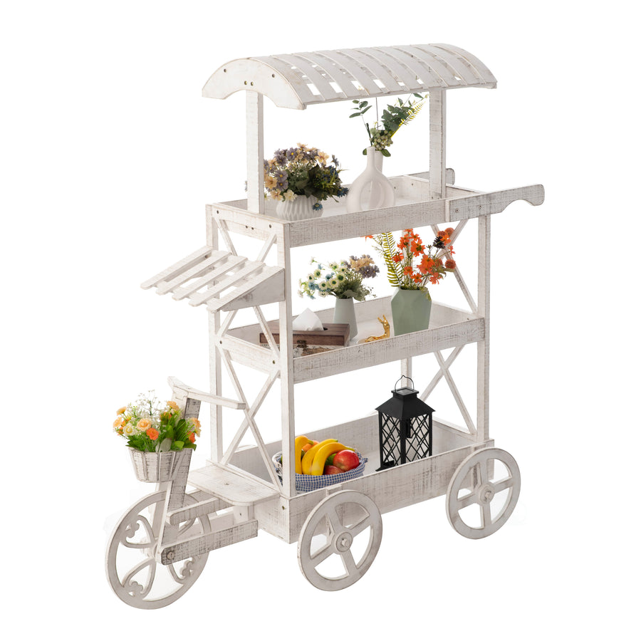 White Wood Mobile Food Cart 3 Tier Display Rack with Wheels Storage Organizer Image 1