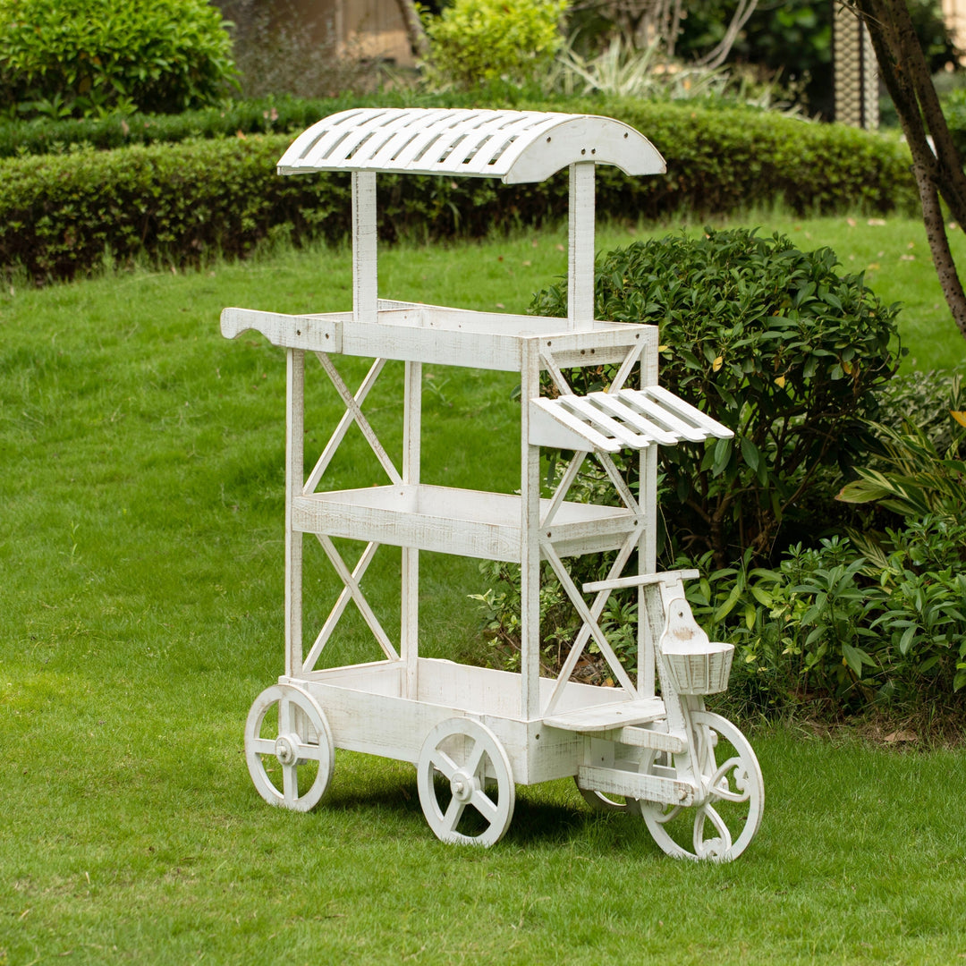 White Wood Mobile Food Cart 3 Tier Display Rack with Wheels Storage Organizer Image 3