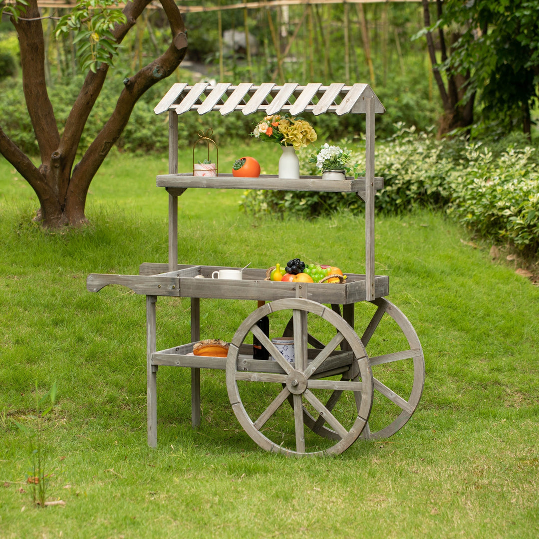 Antique Rustic Wood Display Rack Cart 3 Tier Plant Stand with Wheels 47.75 Inch Image 2