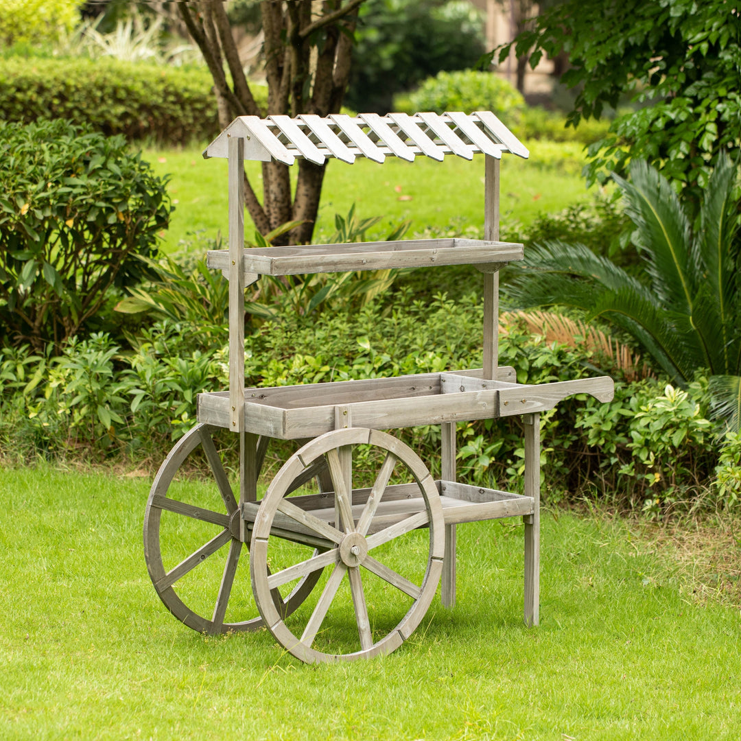 Antique Rustic Wood Display Rack Cart 3 Tier Plant Stand with Wheels 47.75 Inch Image 3