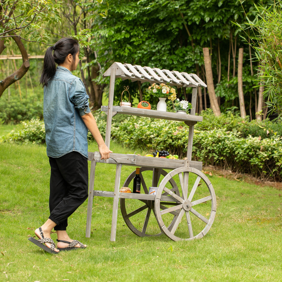 Antique Rustic Wood Display Rack Cart 3 Tier Plant Stand with Wheels 47.75 Inch Image 5