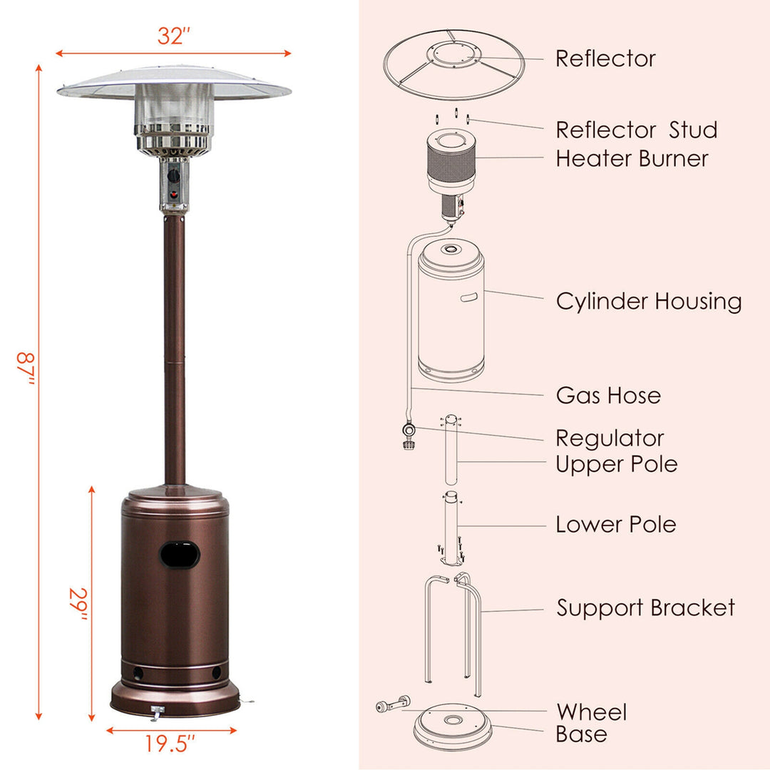 50000 BTU Propane Patio Heater Standing LP Gas Steel W/ Wheels Bronze Image 3