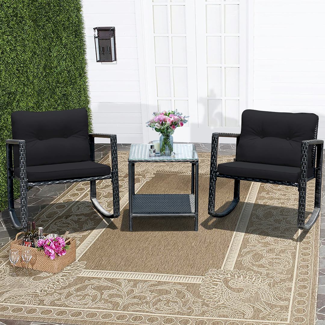 3PCS Patio Rattan Furniture Set Rocking Chairs Cushioned Sofa Image 9