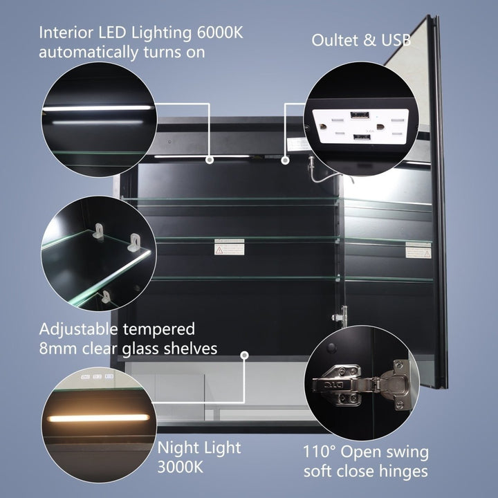 Ample 24x32 Lighted Black Medicine Cabinet with Double Sided Mirror LED Shelves Image 5