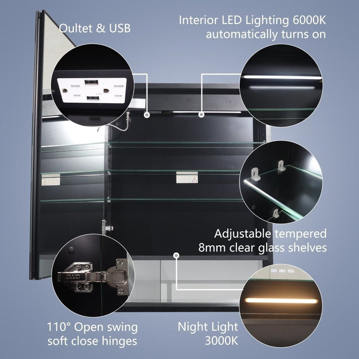 Ample 24x32 Lighted Black Medicine Cabinet with Double Sided Mirror LED Shelves Image 6