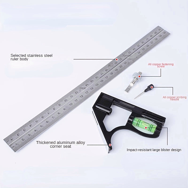 12" Professional Resolution Adjustable Stainless Steel Angle Combination Square Ruler Image 4