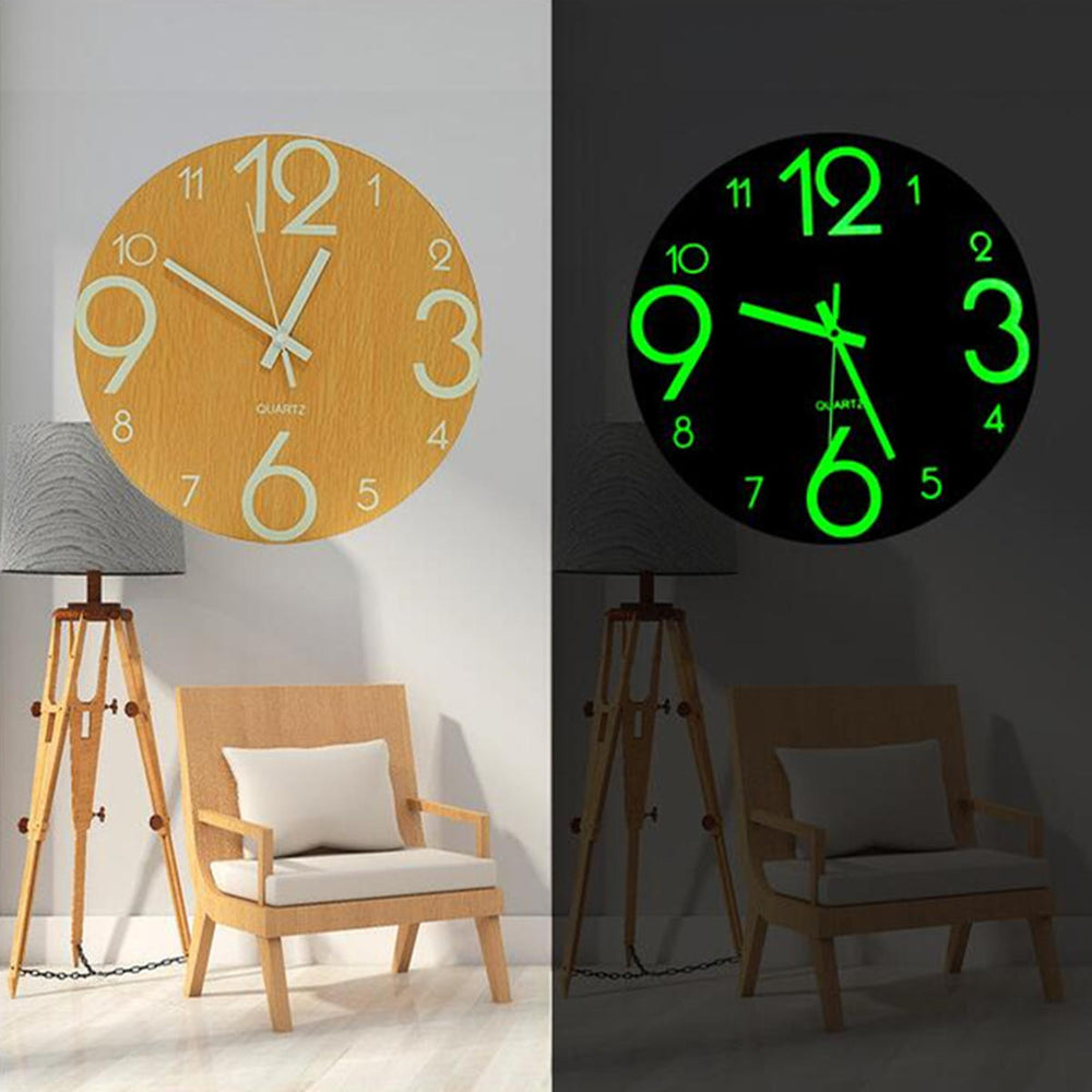 12 Glow In The Dark Mute Wood Wall Clock For Home Living Room Outdoor Gifts Image 2