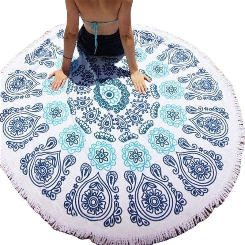 150cm Pure Cotton Cut Pile Printing Round Beach Towel Yoga Mat Bed Sheet Tapestry Tablecloth Image 3