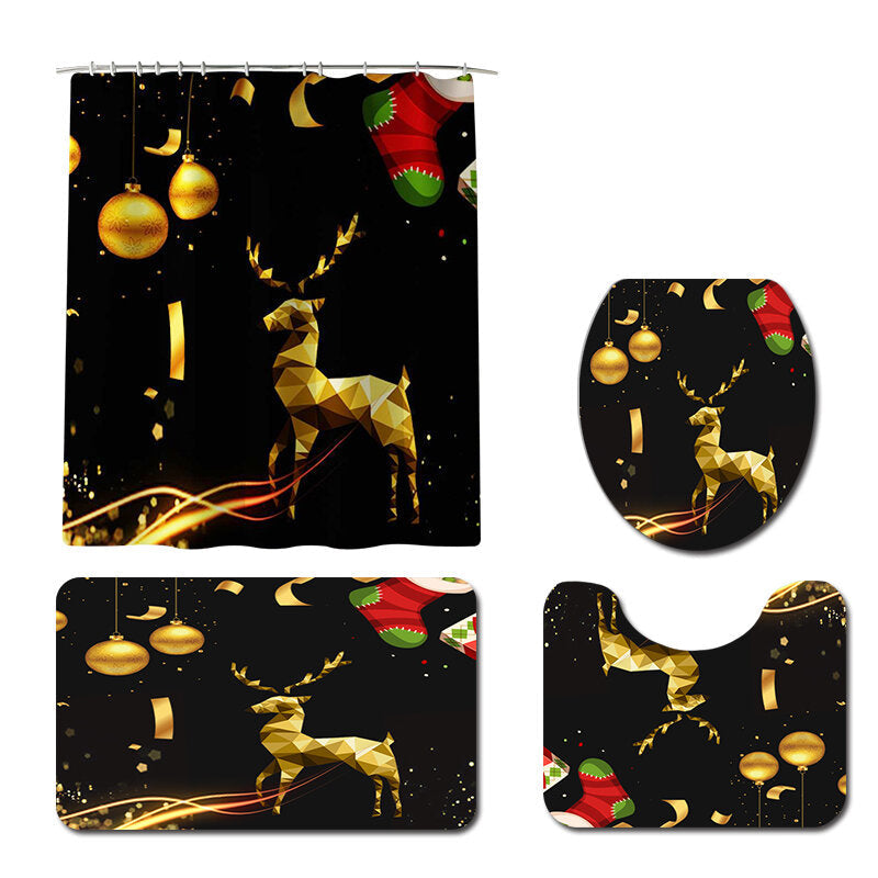 180x180 Waterproof Christmas Elk Shower Curtain Set Non-slip Bath Mat Toilet Lid Cover Floor Mat Set DTTT Image 1