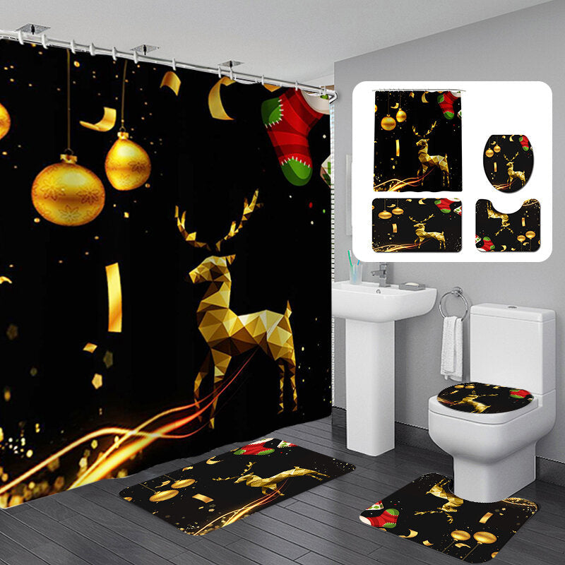 180x180 Waterproof Christmas Elk Shower Curtain Set Non-slip Bath Mat Toilet Lid Cover Floor Mat Set DTTT Image 2