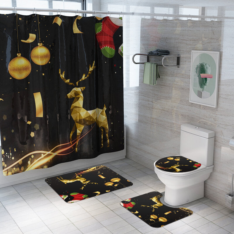 180x180 Waterproof Christmas Elk Shower Curtain Set Non-slip Bath Mat Toilet Lid Cover Floor Mat Set DTTT Image 3