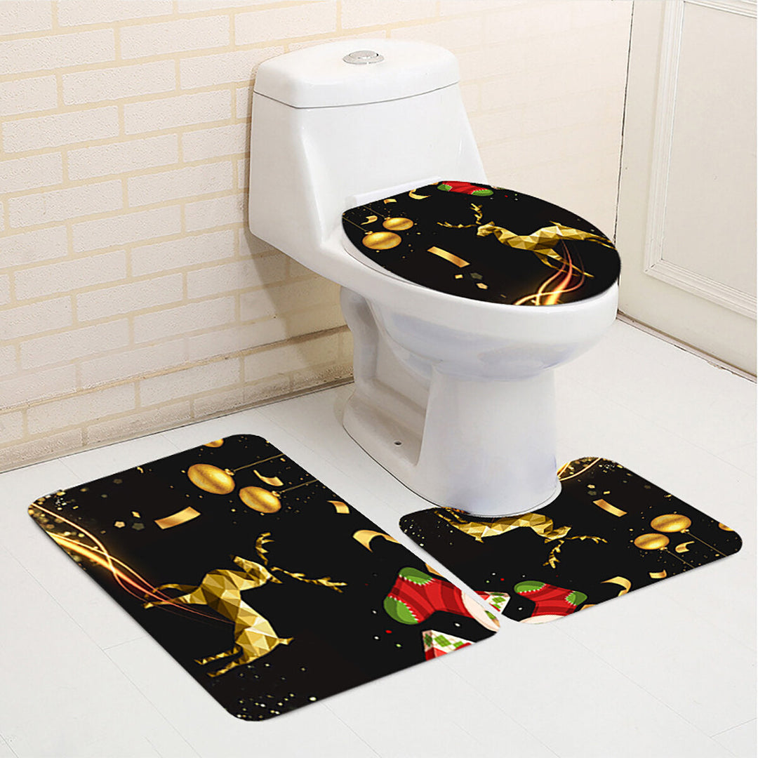 180x180 Waterproof Christmas Elk Shower Curtain Set Non-slip Bath Mat Toilet Lid Cover Floor Mat Set DTTT Image 5