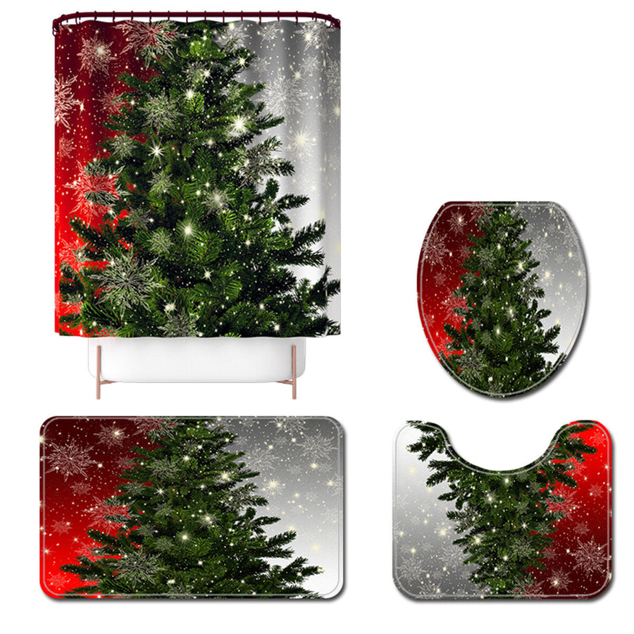 180x180CM Christmas Tree Shower Curtain Set Non-Slip Rugs Toilet Lid Cover Bath Mat Set DTTT Image 1