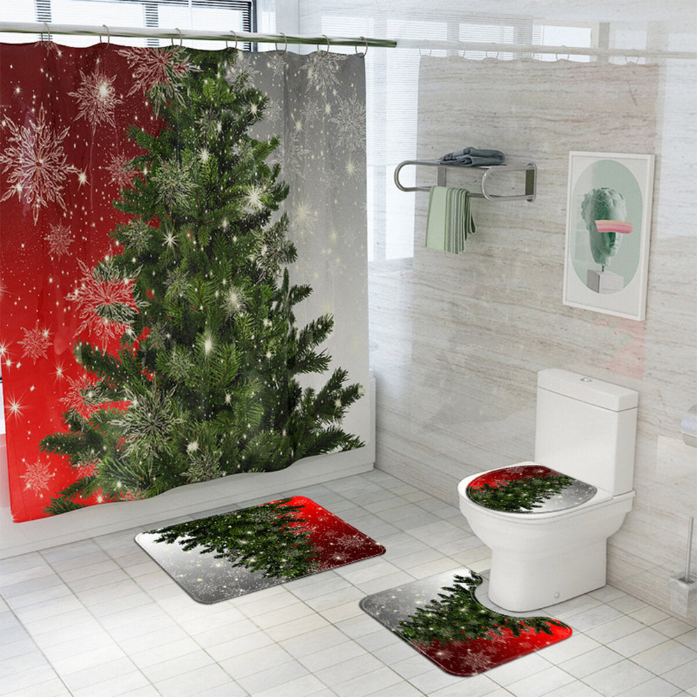 180x180CM Christmas Tree Shower Curtain Set Non-Slip Rugs Toilet Lid Cover Bath Mat Set DTTT Image 2