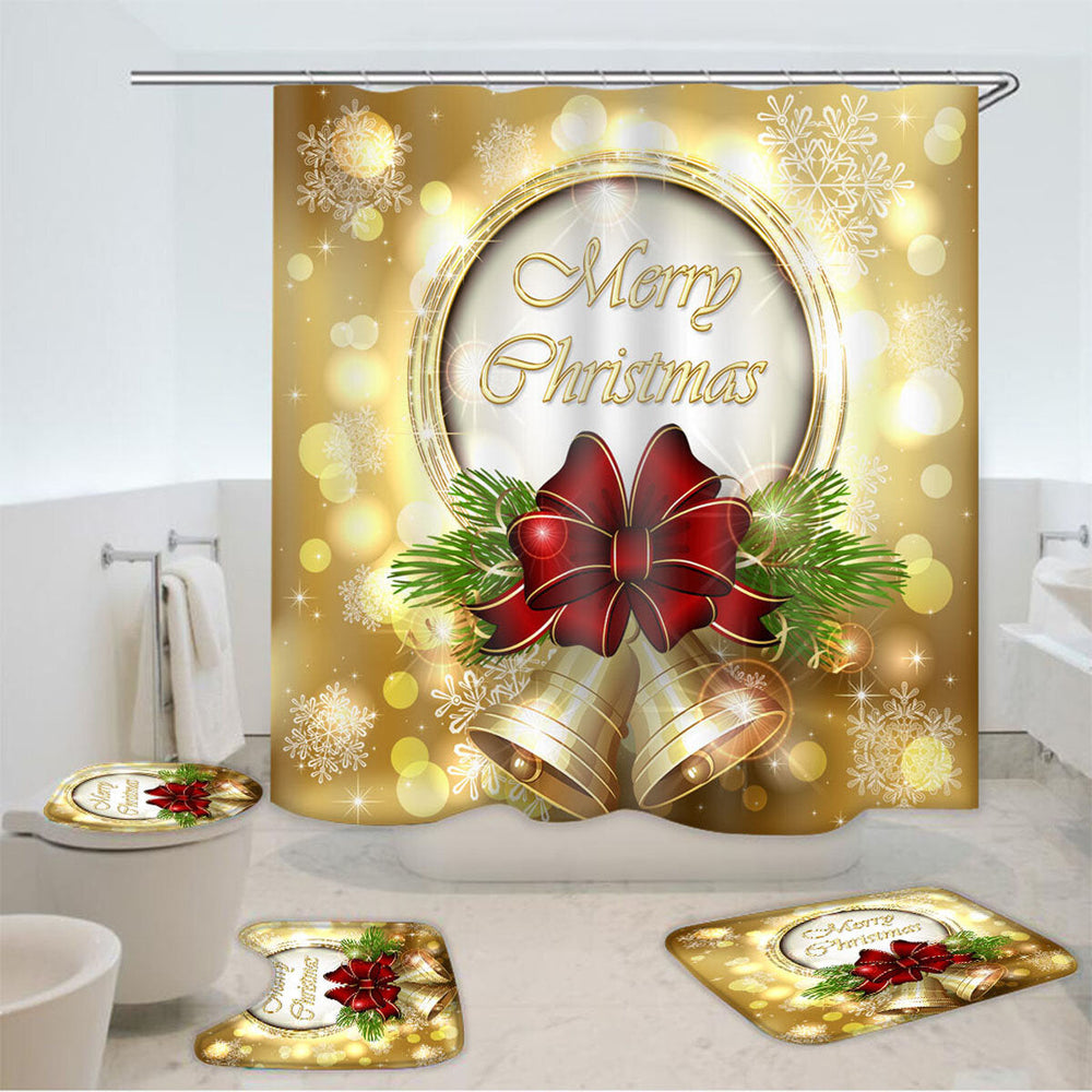 180x180cm Golden Bell Bow Waterproof Shower Curtain 3-in-1 Non-slip Odorless Bath Mat Kit Image 2