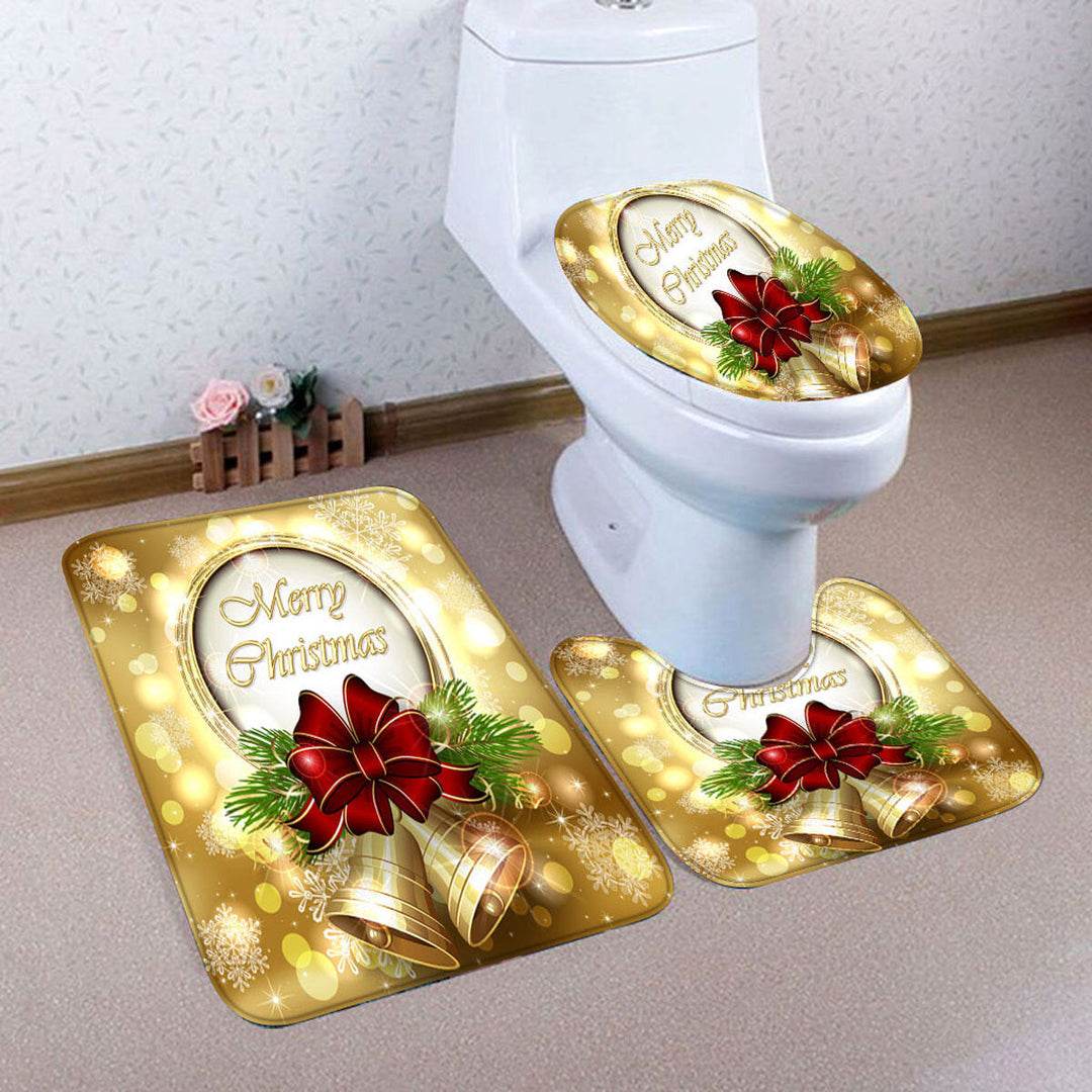 180x180cm Golden Bell Bow Waterproof Shower Curtain 3-in-1 Non-slip Odorless Bath Mat Kit Image 3