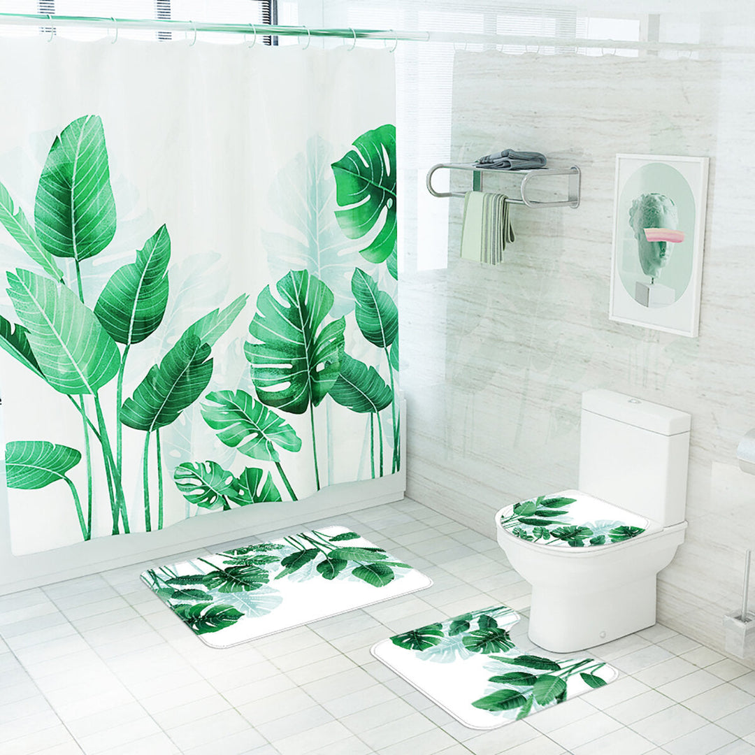 180x180cm Plantain Turtle Leaf Waterproof Shower Curtain 3,4PCS Bathroom Odorless Non-toxic Mat Kit Image 2