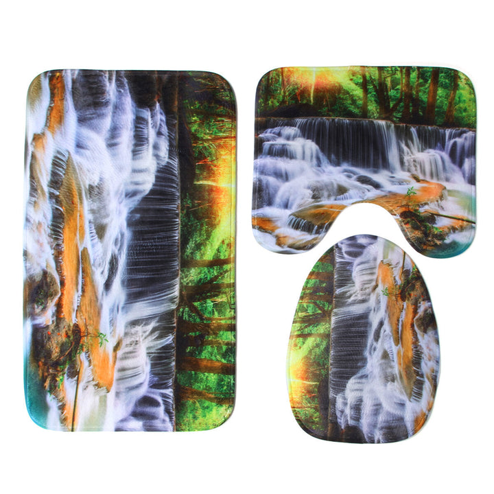 180x180CM Waterfall Printing Waterproof 3PCS Toilet Cover Mat Non-Slip Rug Set Image 1