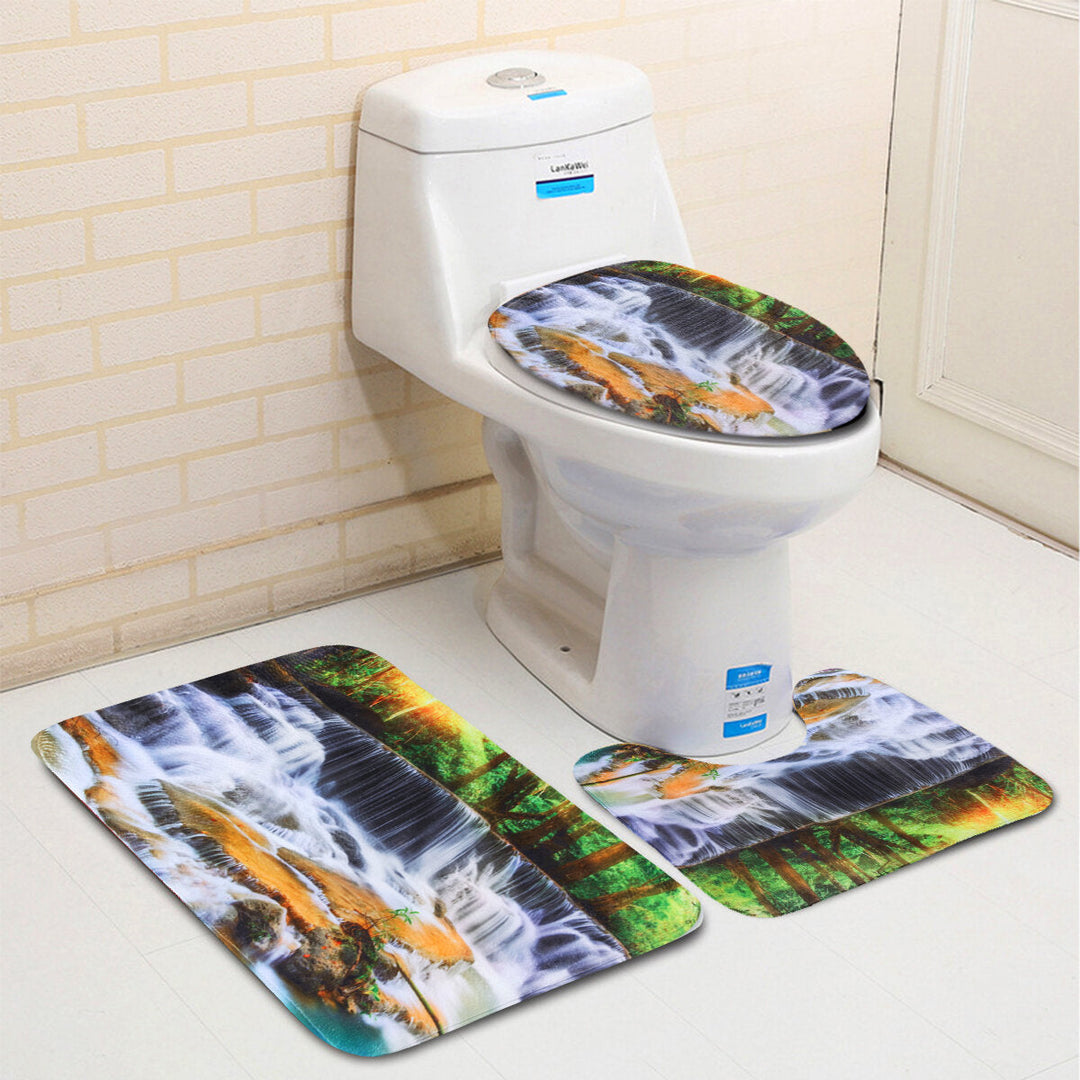 180x180CM Waterfall Printing Waterproof 3PCS Toilet Cover Mat Non-Slip Rug Set Image 2