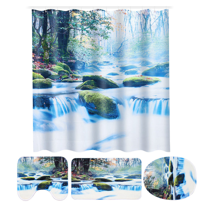 180x180CM Waterfall Shower Curtain Non-toxic Anti-slip Bath Mat Set Waterproof Toilet Rug Set Image 1