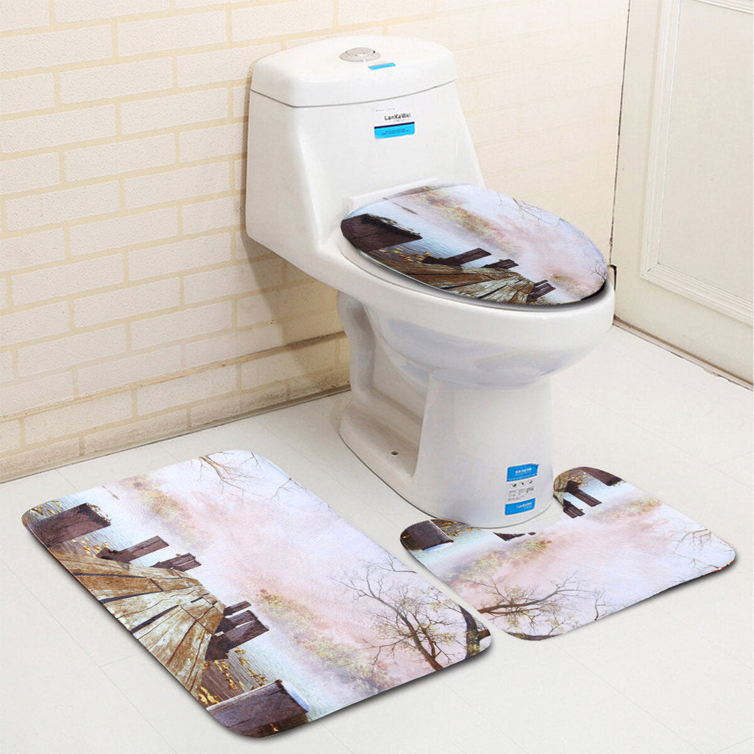 180x180CM Wooden Bridge Printing Bathroom Shower Curtain Toilet Cover Mat Non-Slip Rug Set Image 2