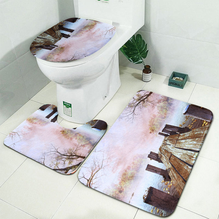 180x180CM Wooden Bridge Printing Bathroom Shower Curtain Toilet Cover Mat Non-Slip Rug Set Image 3