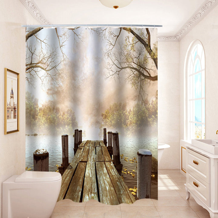 180x180CM Wooden Bridge Printing Bathroom Shower Curtain Toilet Cover Mat Non-Slip Rug Set Image 4