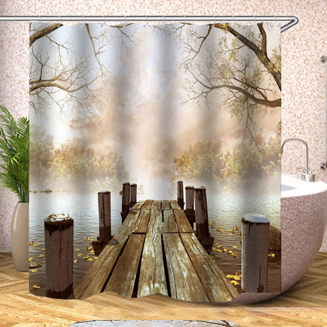 180x180CM Wooden Bridge Printing Bathroom Shower Curtain Toilet Cover Mat Non-Slip Rug Set Image 5