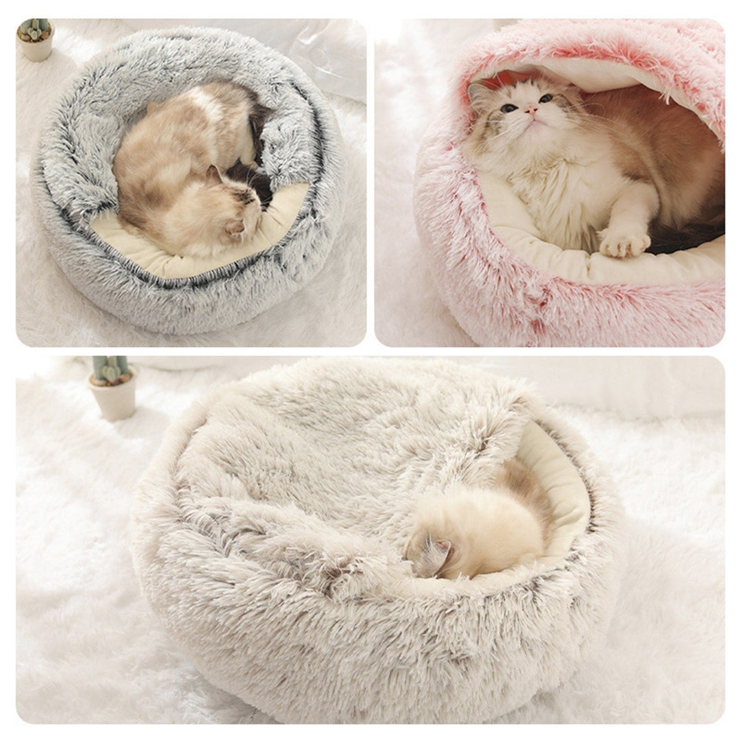 2-in-1 Round Plush Pet Cat Dog Sofa BedWinter Warm Pet Cat Small Dog Sleeping Nest Cute Fluffy Soft Nest Non Slip Bottom Image 2