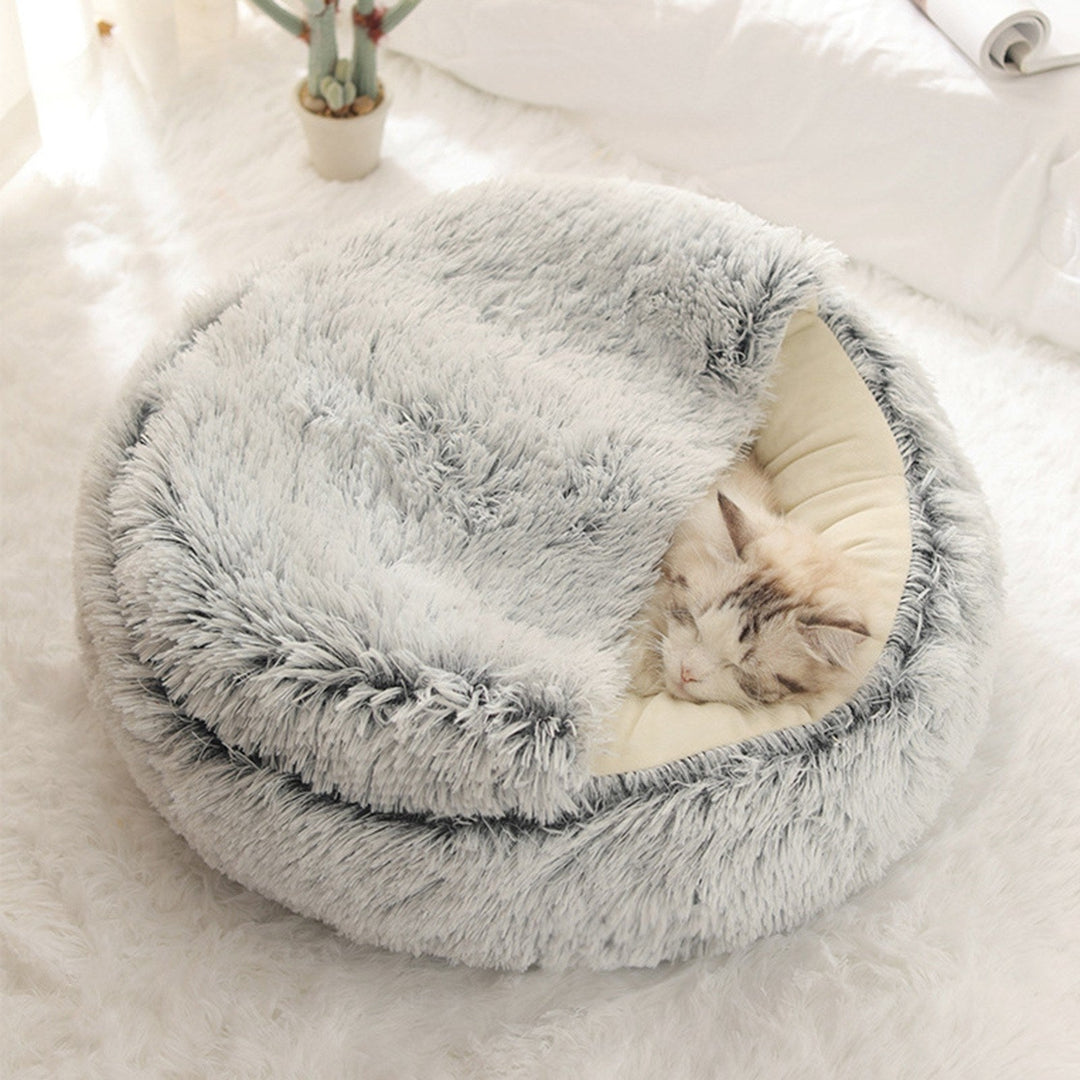 2-in-1 Round Plush Pet Cat Dog Sofa BedWinter Warm Pet Cat Small Dog Sleeping Nest Cute Fluffy Soft Nest Non Slip Bottom Image 3