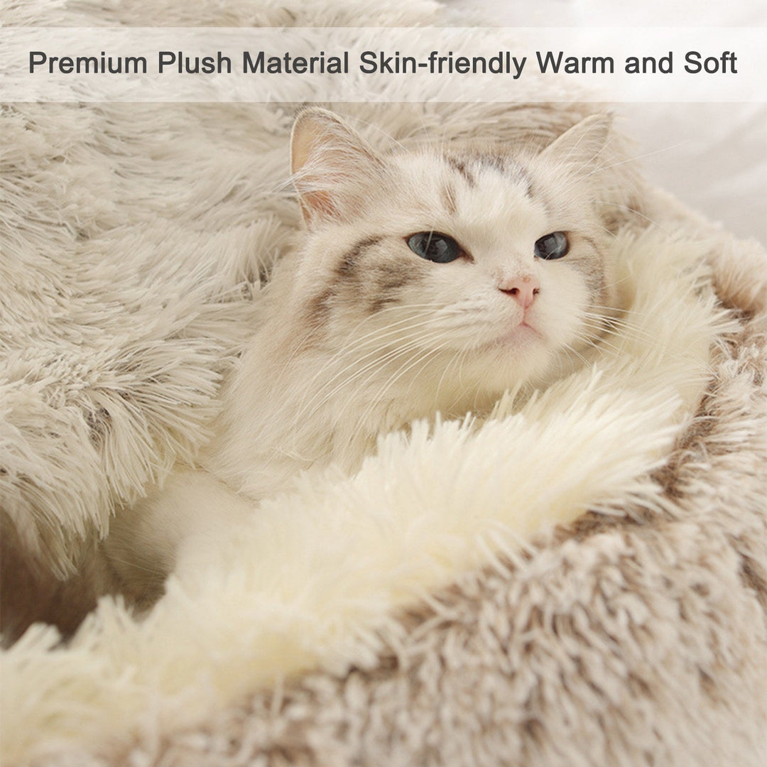 2-in-1 Round Plush Pet Cat Dog Sofa BedWinter Warm Pet Cat Small Dog Sleeping Nest Cute Fluffy Soft Nest Non Slip Bottom Image 4