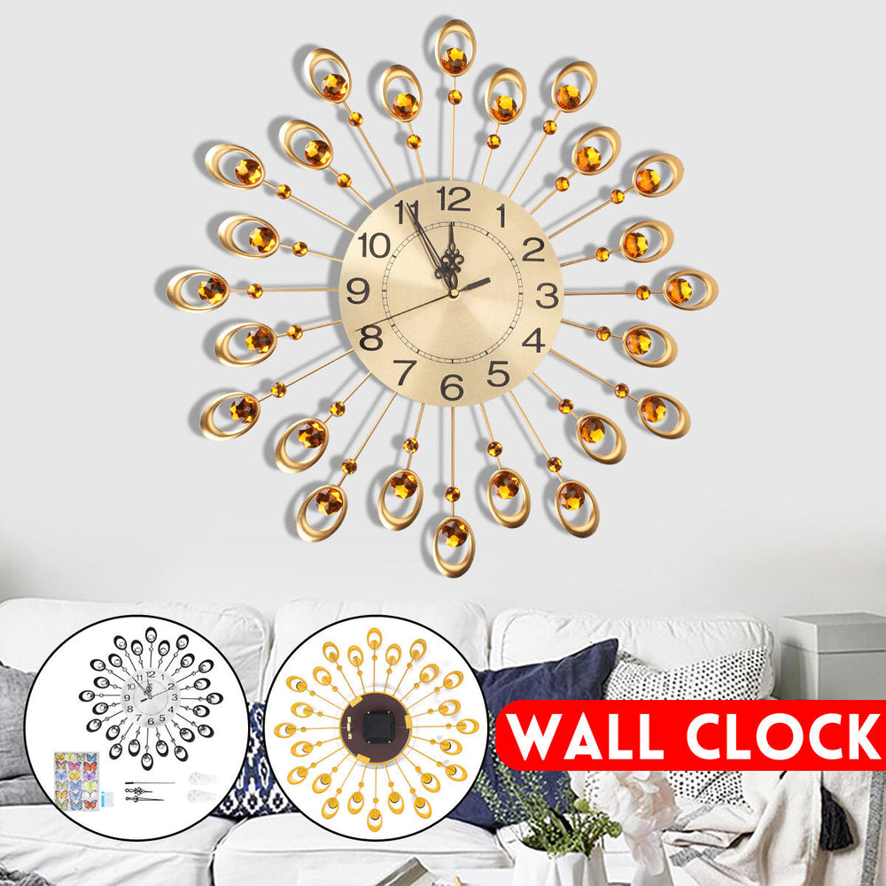 21.3 Luxury Peacock Estink Metal Diamonds Decorative Wall Clock Living Room Image 2