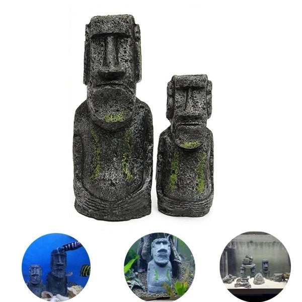 2PCS Resin Easter Island Statues Set Fish Tank Ornament Aquarium Decoration Image 1