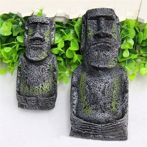 2PCS Resin Easter Island Statues Set Fish Tank Ornament Aquarium Decoration Image 2