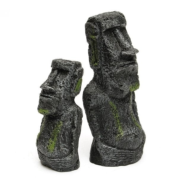 2PCS Resin Easter Island Statues Set Fish Tank Ornament Aquarium Decoration Image 3