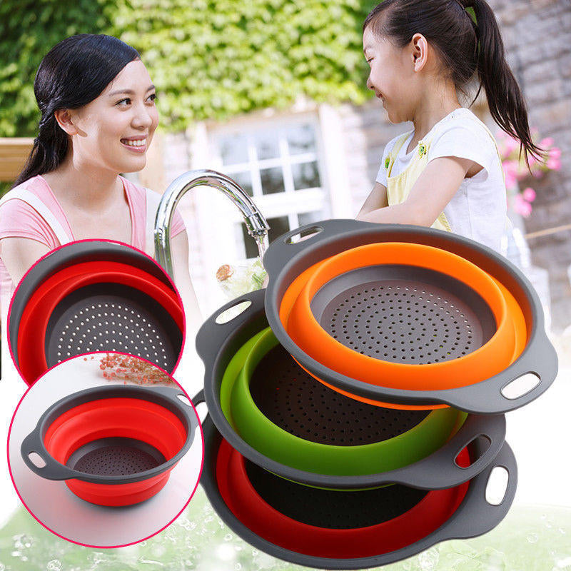 2Pcs Set Collapsible Foldable Silicone Drain Colander Fruit Vegetable Strainer Basket Image 9