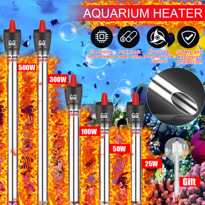 25W-500W Aquarium Submersible Tank Fish Heater Stainless Steel Heating Rod Water Thermostat Image 1