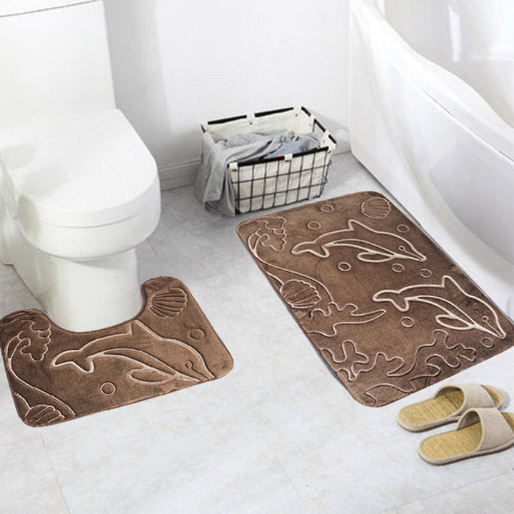 2pcs 3D Dolphin Flannel Toilet Lid Bath Rugs Soft Floor Home Anti Slip Shower Carpets Bathroom Mat Set Image 3