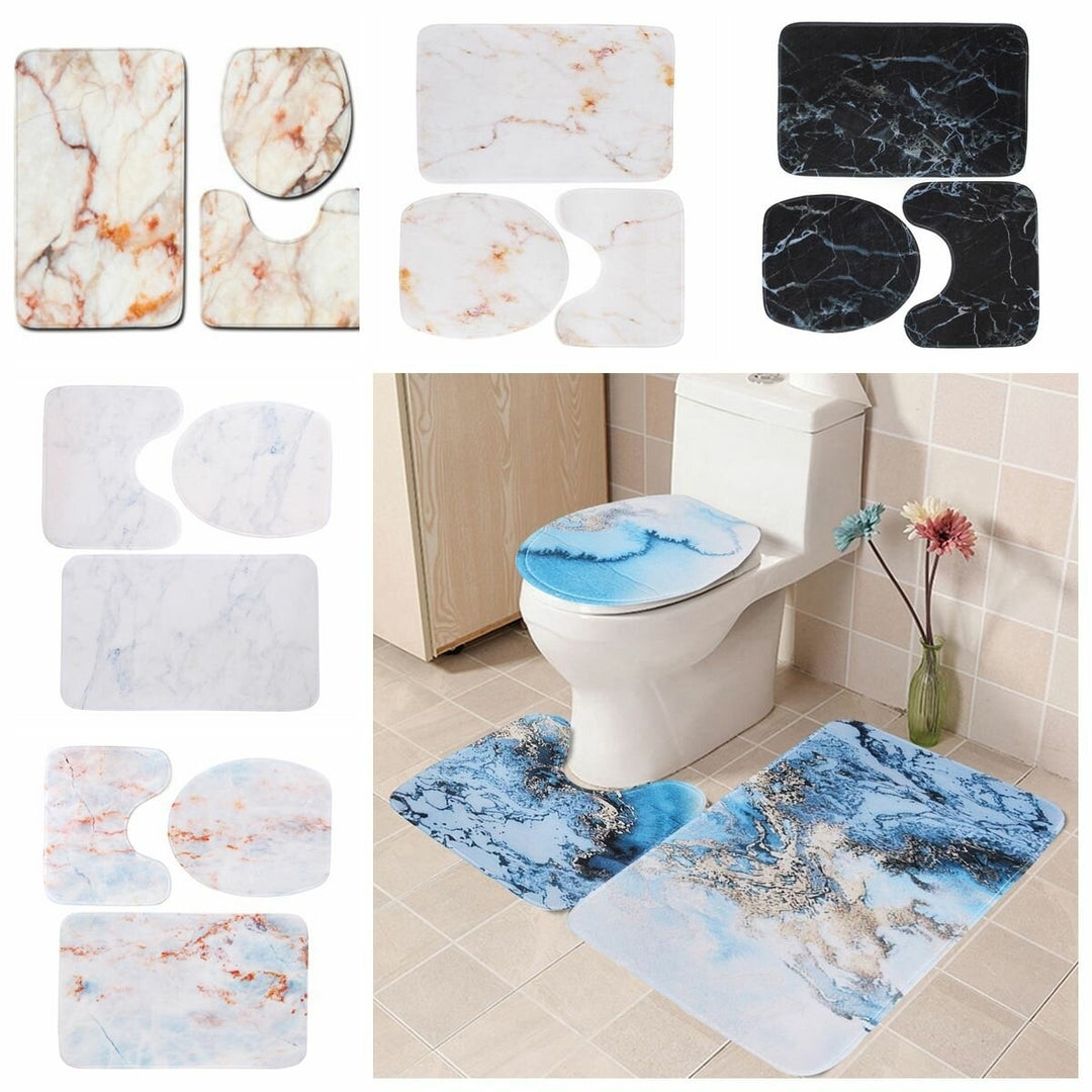 3PCS Marble Toilet Floor Door Bathroom Carpet Pedestal Rug Lid Cover Bath Image 1