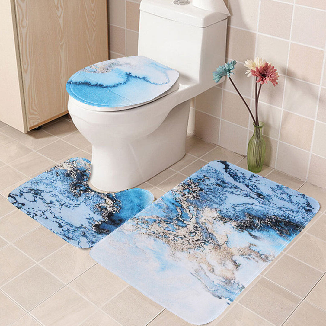 3PCS Marble Toilet Floor Door Bathroom Carpet Pedestal Rug Lid Cover Bath Image 3