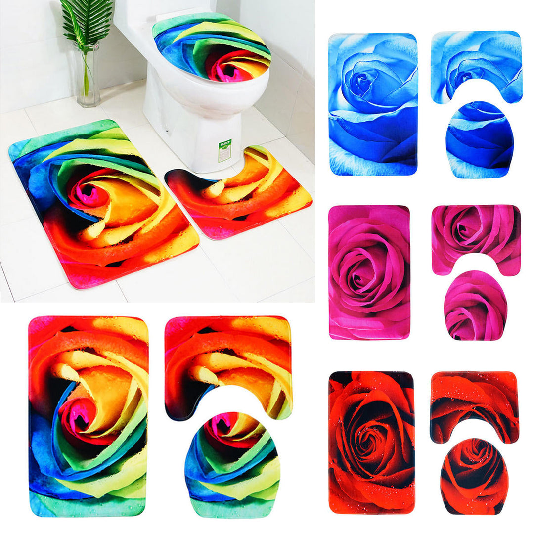 3pcs 3D Rose Bathroom Floor Mat Set Anti Slip Rug, Shower Bath Mat ,Toilet Lid Cover Image 1