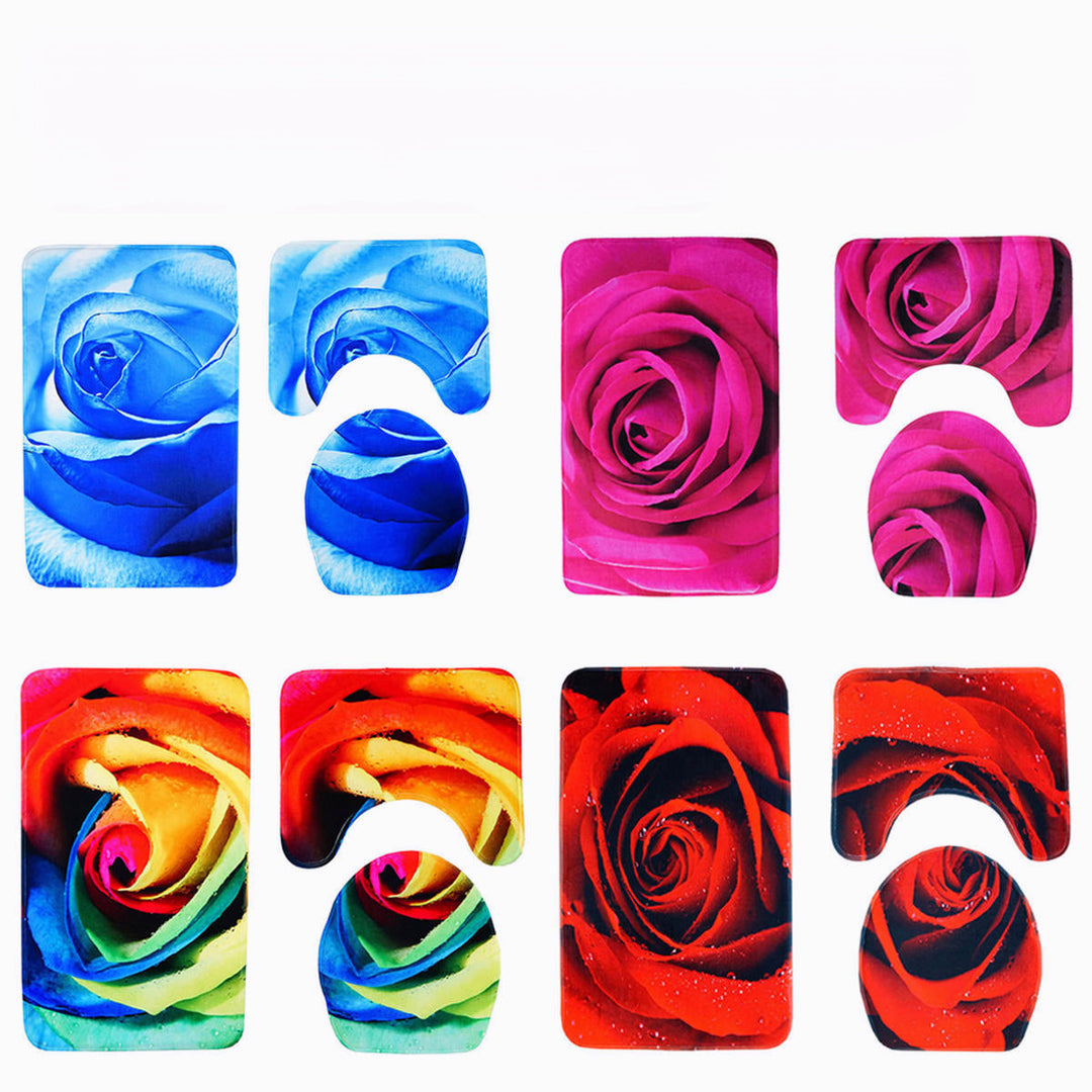 3pcs 3D Rose Bathroom Floor Mat Set Anti Slip Rug, Shower Bath Mat ,Toilet Lid Cover Image 2