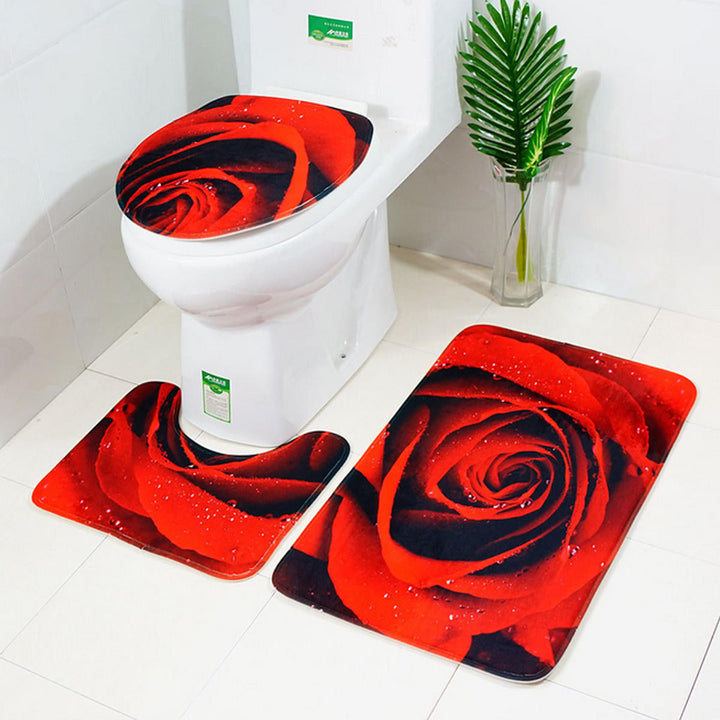 3pcs 3D Rose Bathroom Floor Mat Set Anti Slip Rug, Shower Bath Mat ,Toilet Lid Cover Image 3